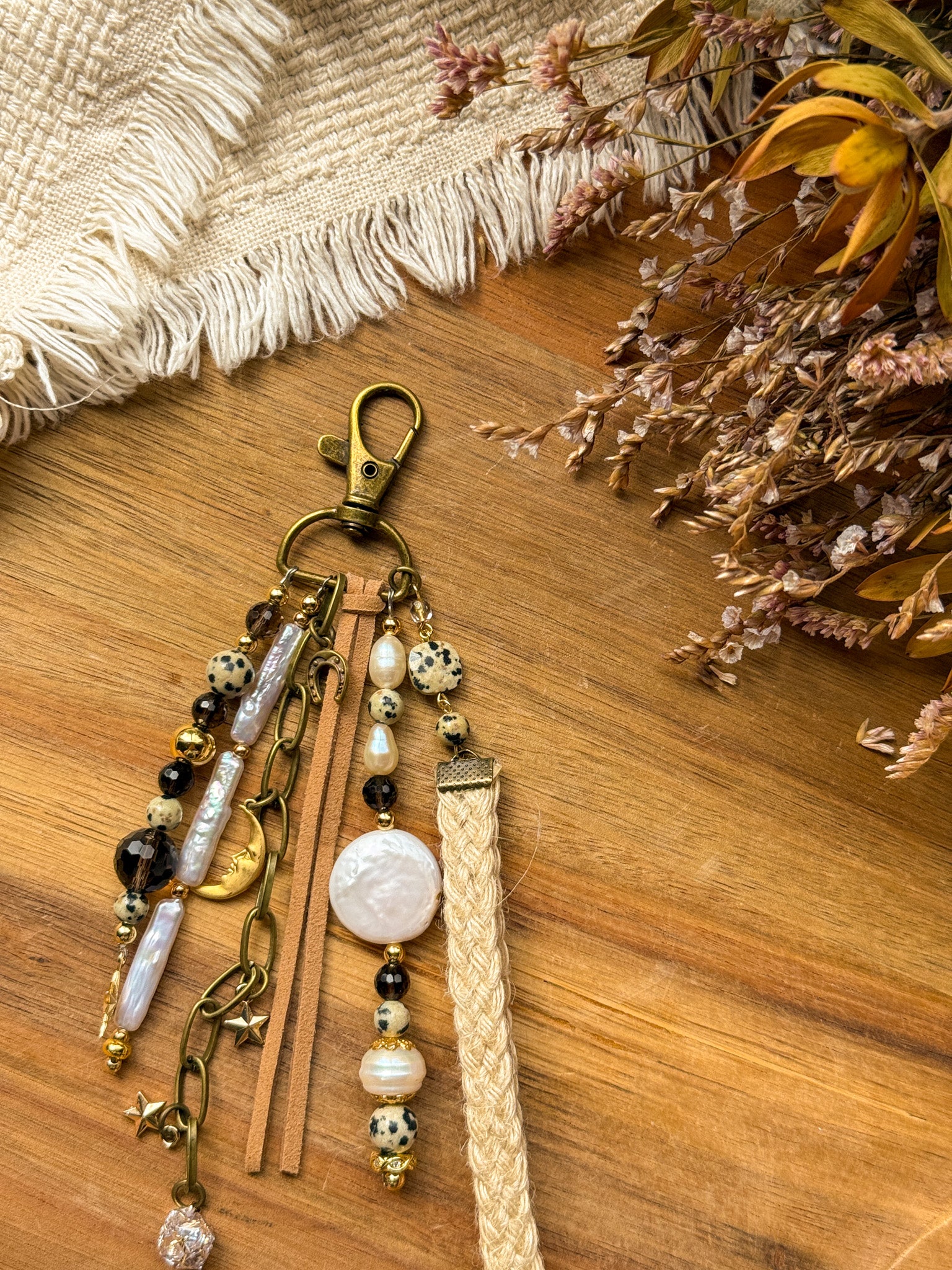 Key Chain - Pearl, Smoky quartz and Dalmatian Jasper