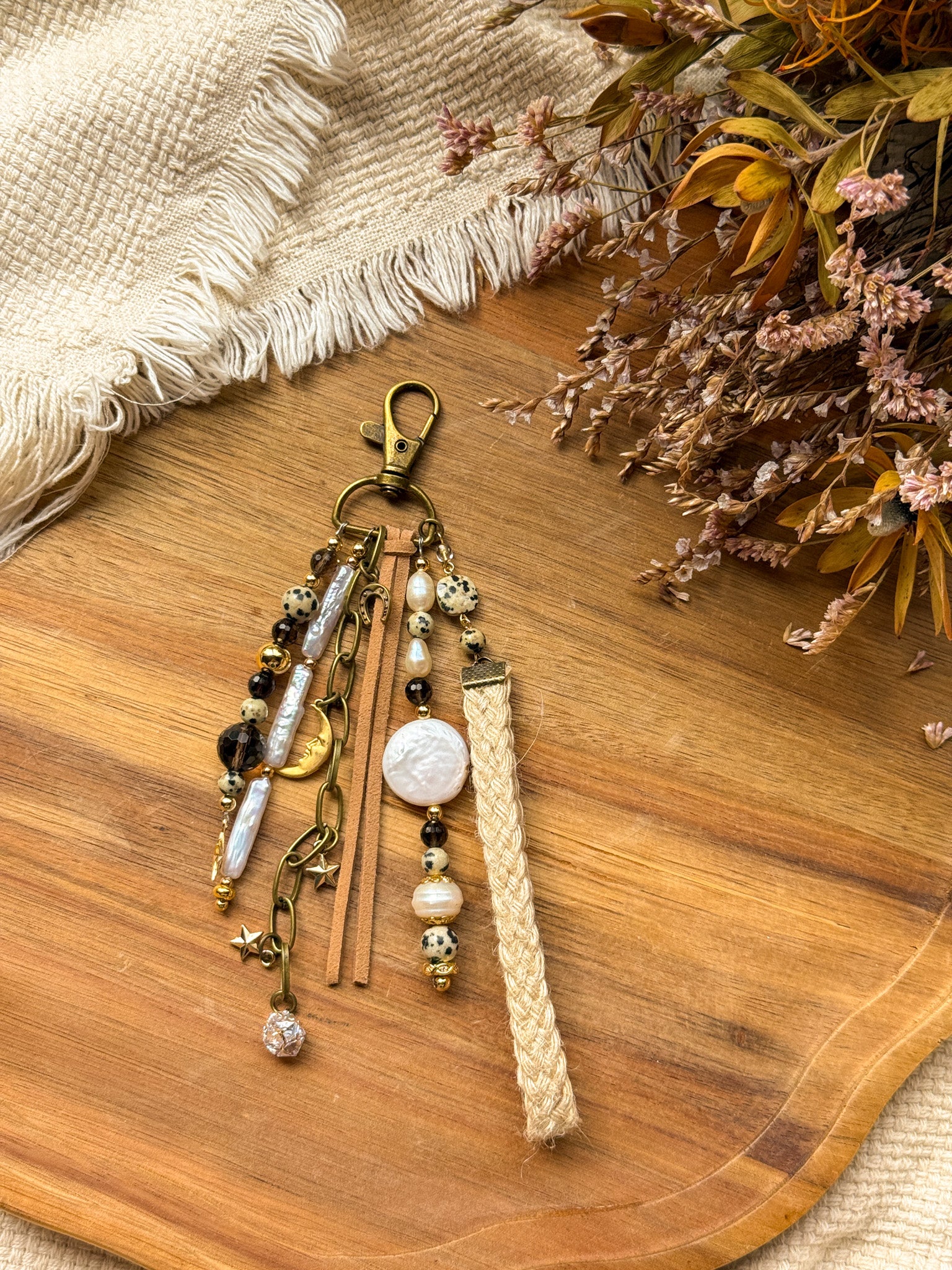 Key Chain - Pearl, Smoky quartz and Dalmatian Jasper