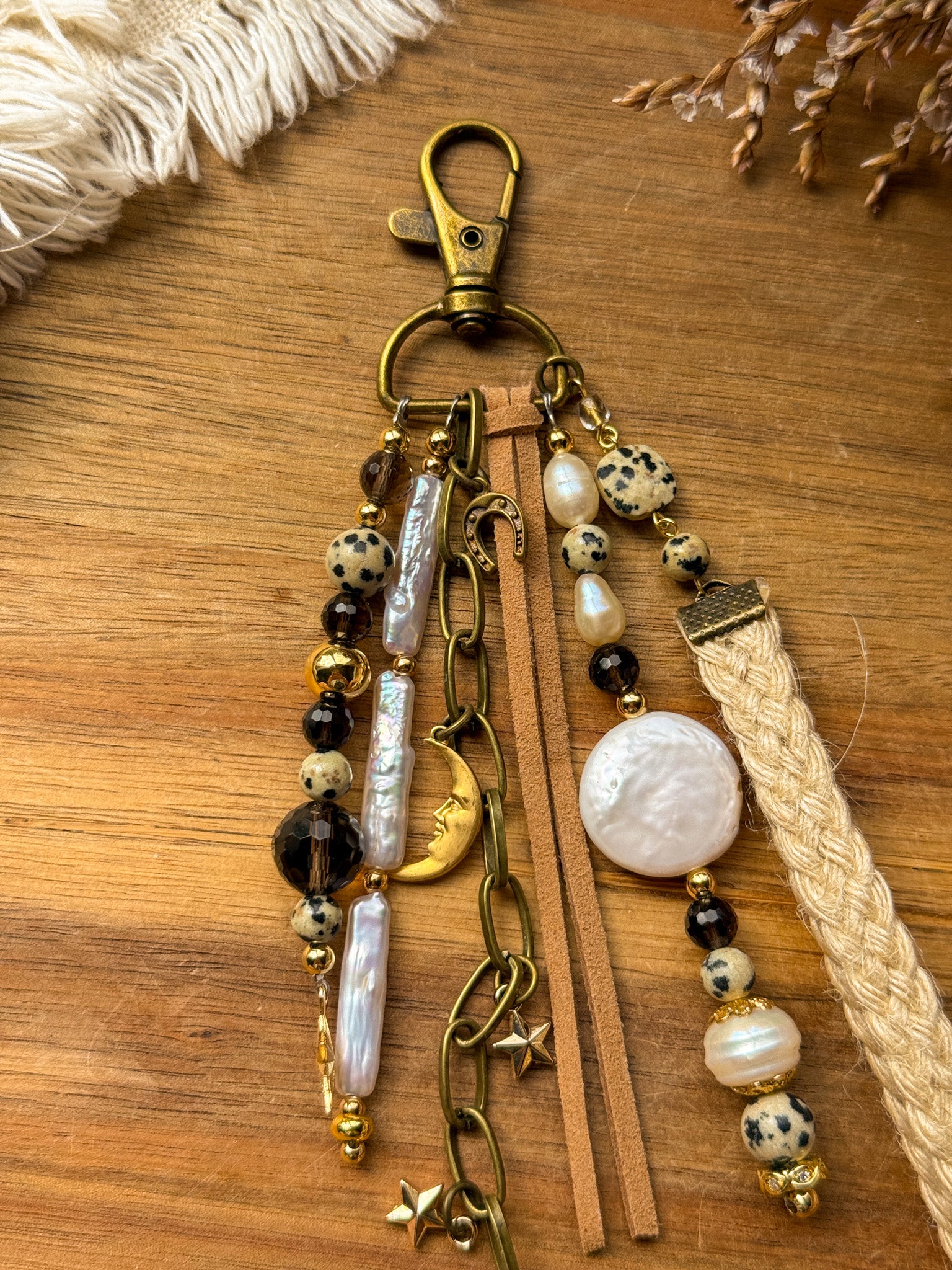 Key Chain - Pearl, Smoky quartz and Dalmatian Jasper