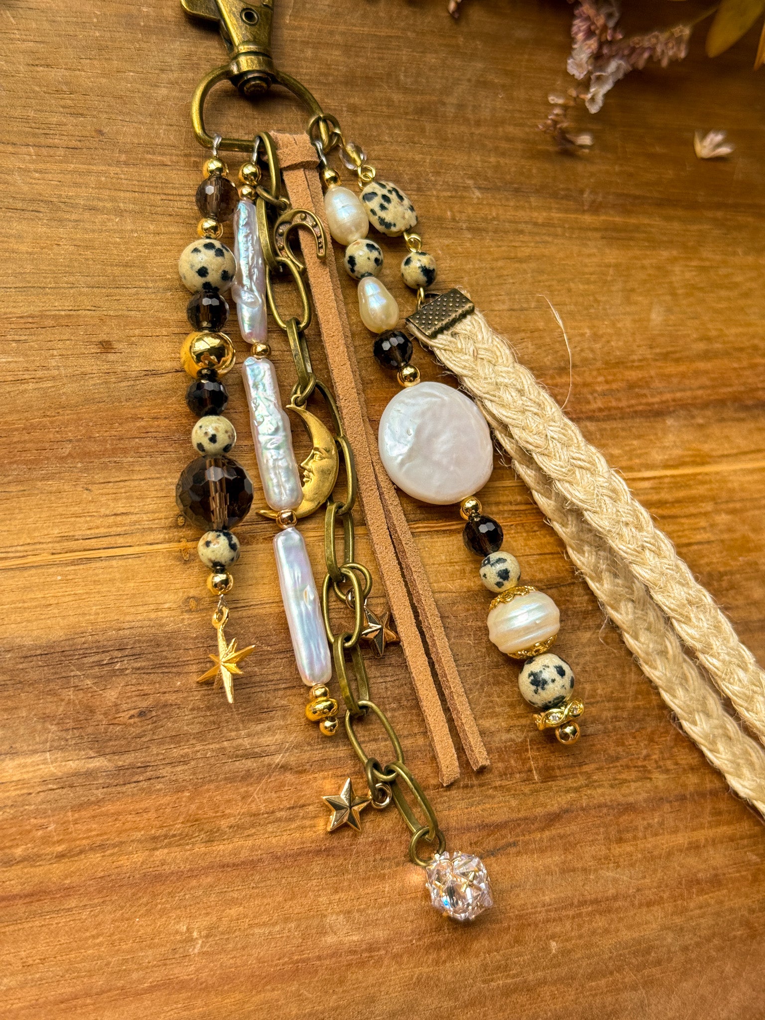 Key Chain - Pearl, Smoky quartz and Dalmatian Jasper