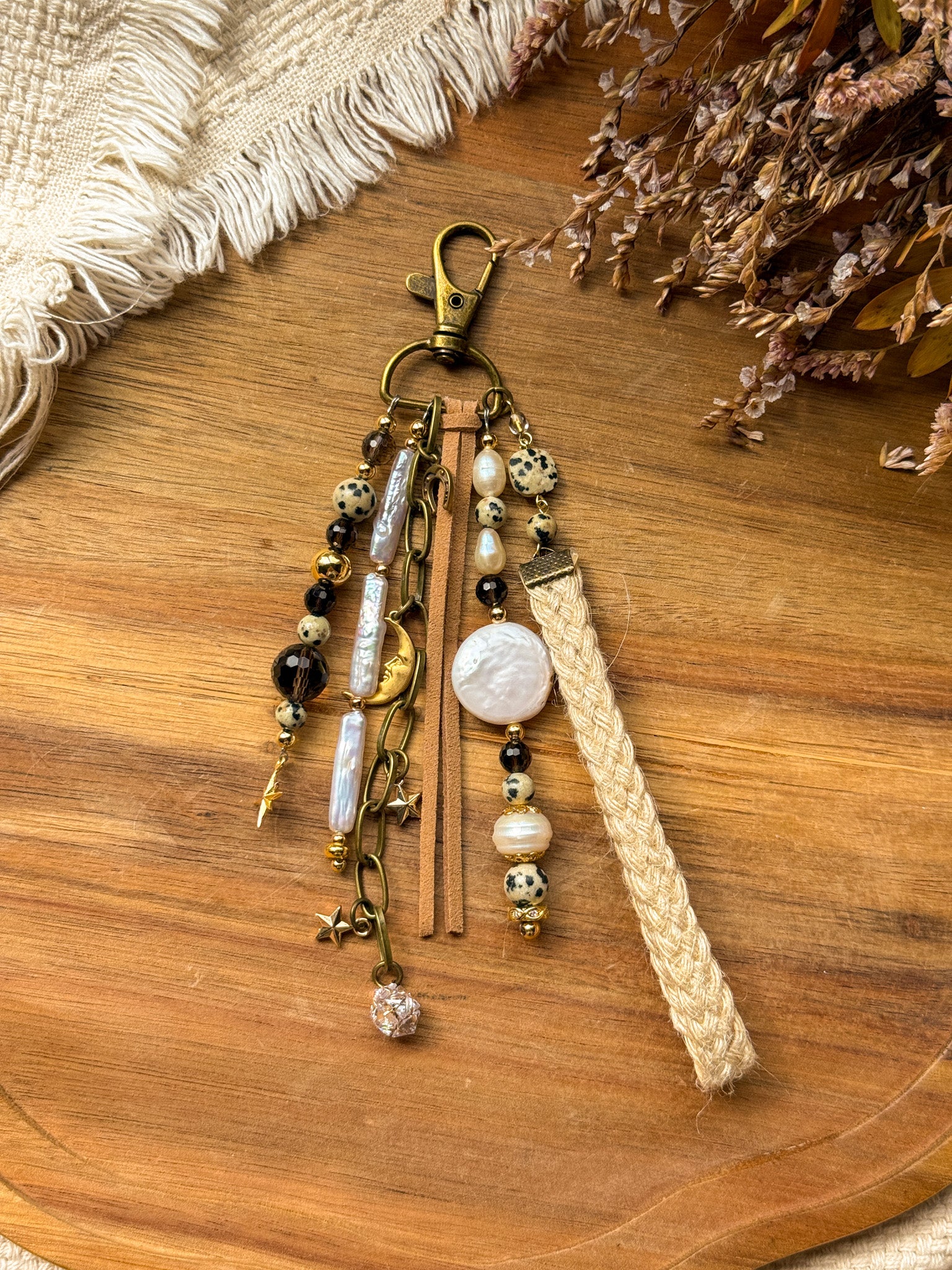 Key Chain - Pearl, Smoky quartz and Dalmatian Jasper