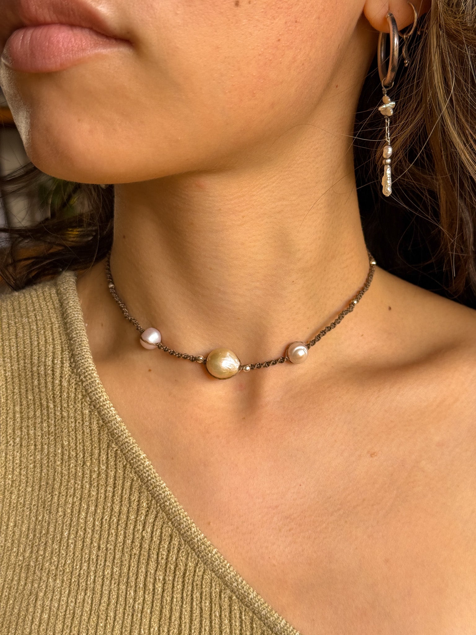 Macrame Choker - Pearl and Karen silver