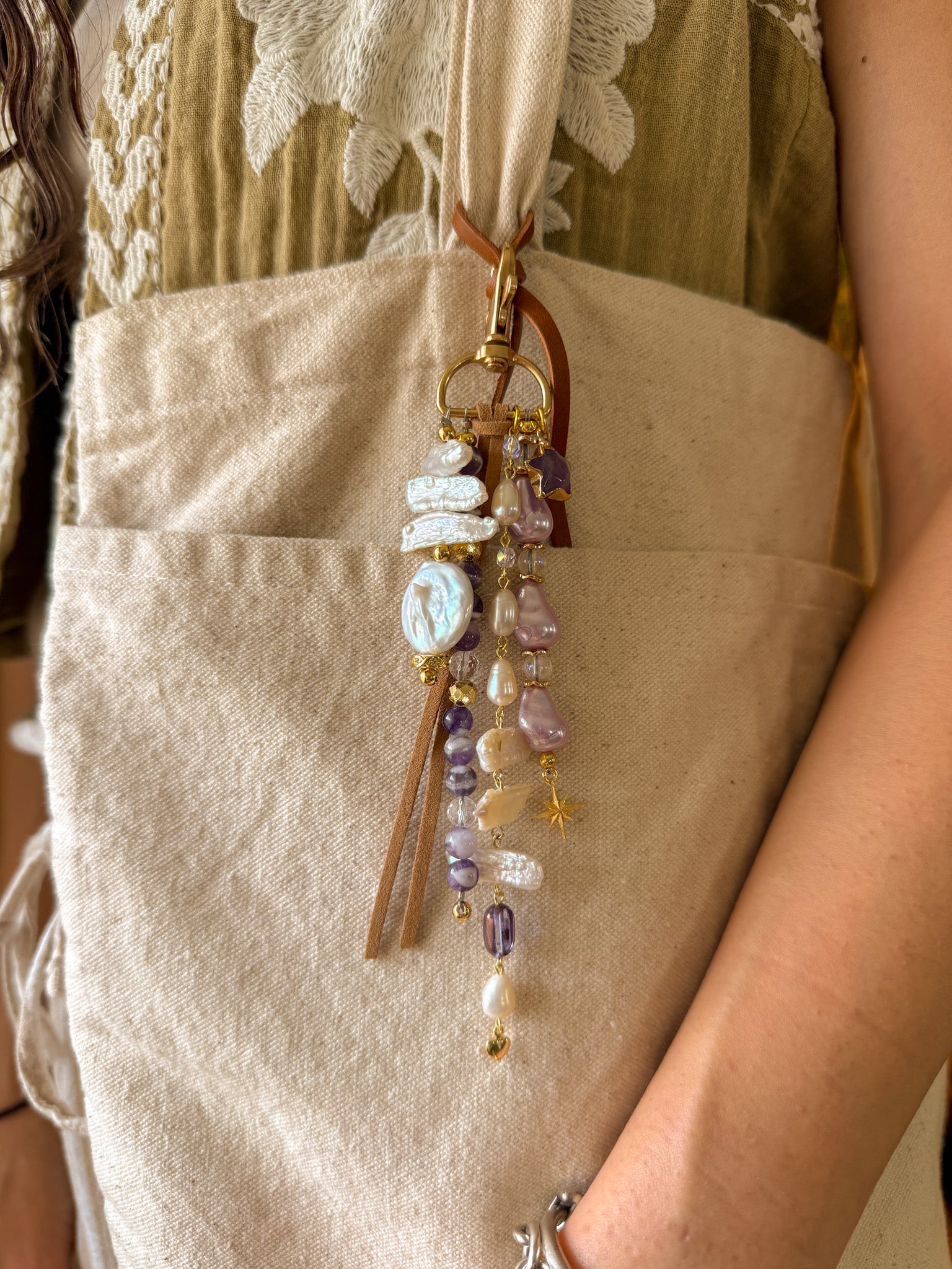 Key Chain - Pearl, Clear Quartz, Dream Amethyst, Rainbow aura quartz, Fluorite and metal parts