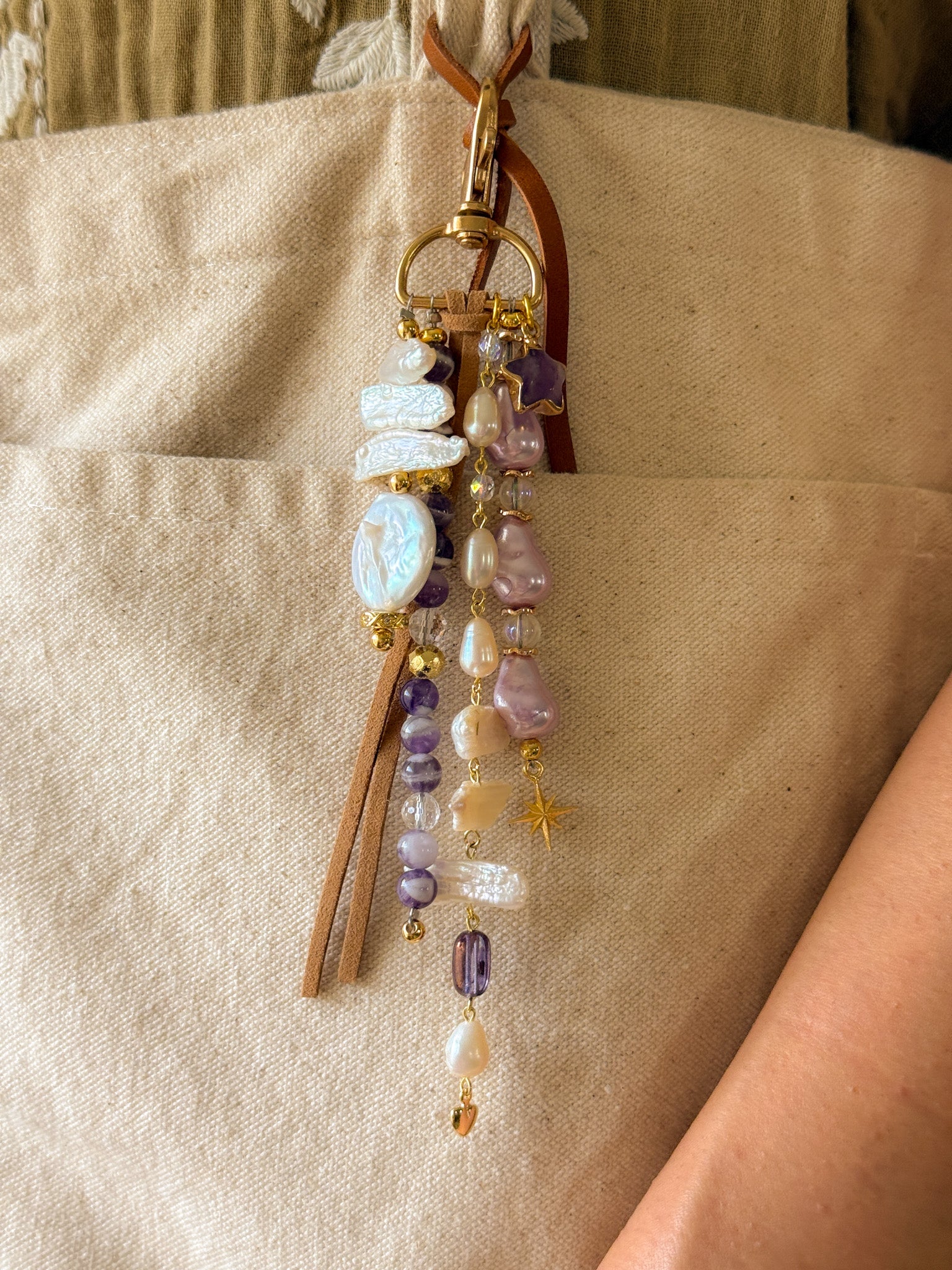 Key Chain - Pearl, Clear Quartz, Dream Amethyst, Rainbow aura quartz, Fluorite and metal parts