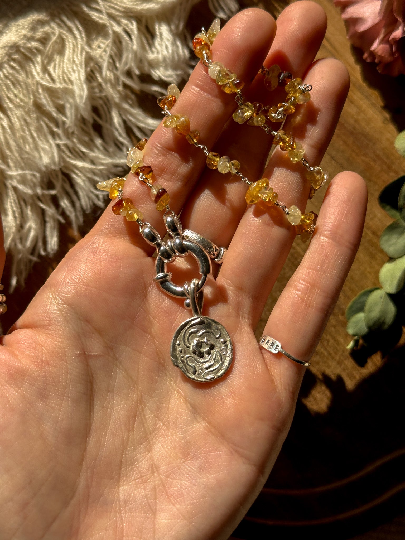 Groovy Flower Coin Pendant top Necklace - Citrine