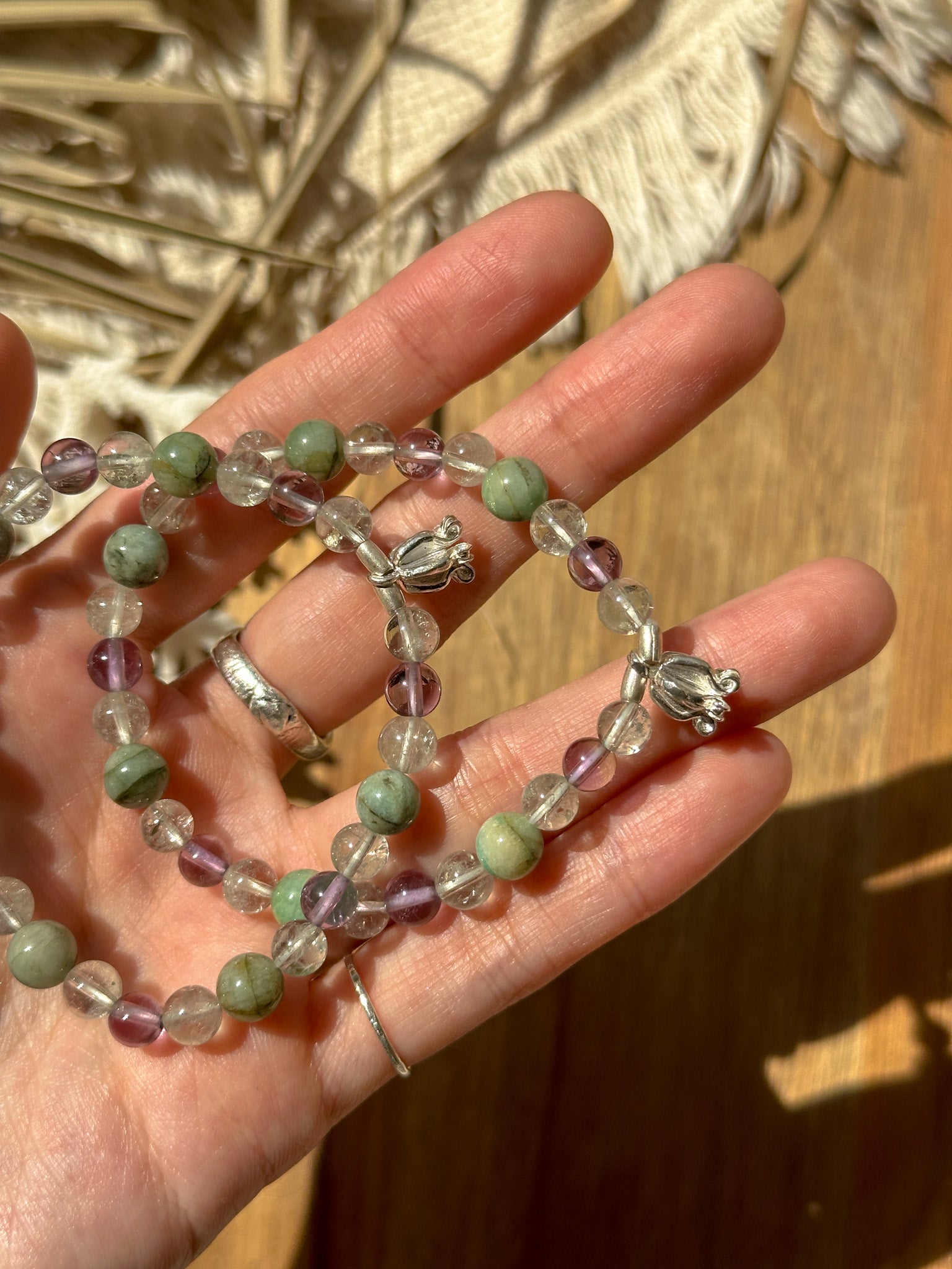 Fluorite, Amethyst, Agate and Karen Silver Bracelet - Lily of the Valley