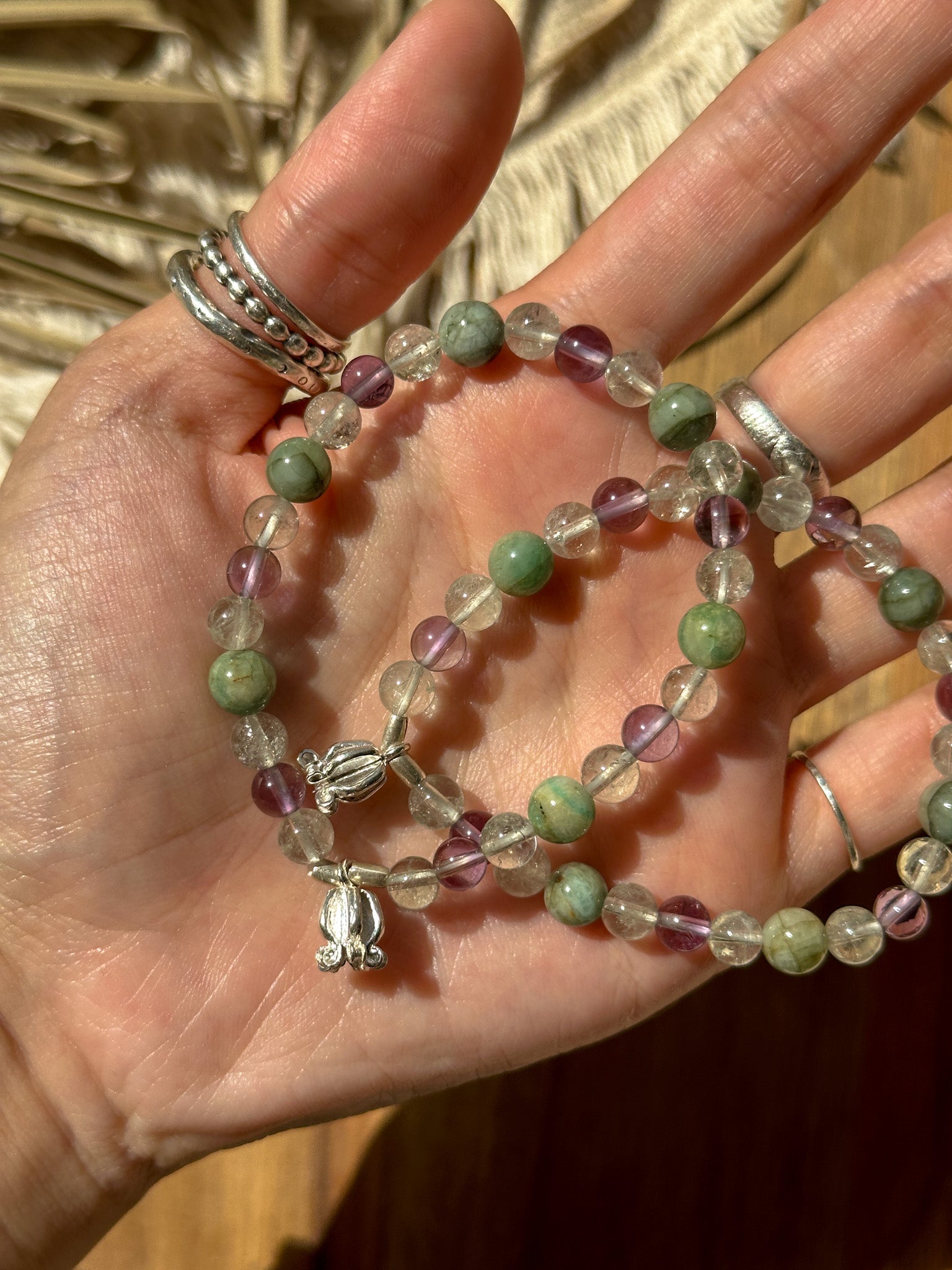 Fluorite, Amethyst, Agate and Karen Silver Bracelet - Lily of the Valley