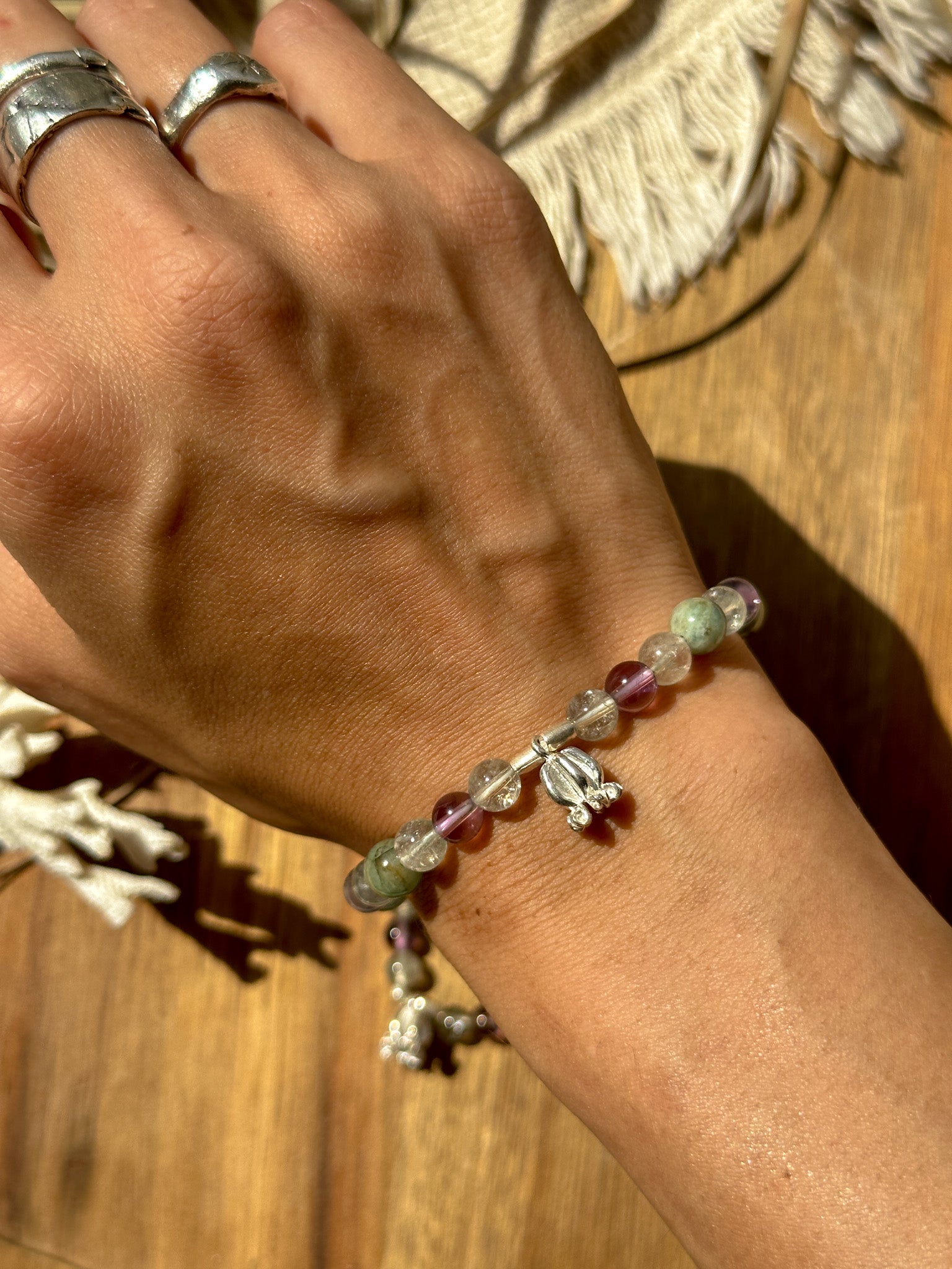 Fluorite, Amethyst, Agate and Karen Silver Bracelet - Lily of the Valley