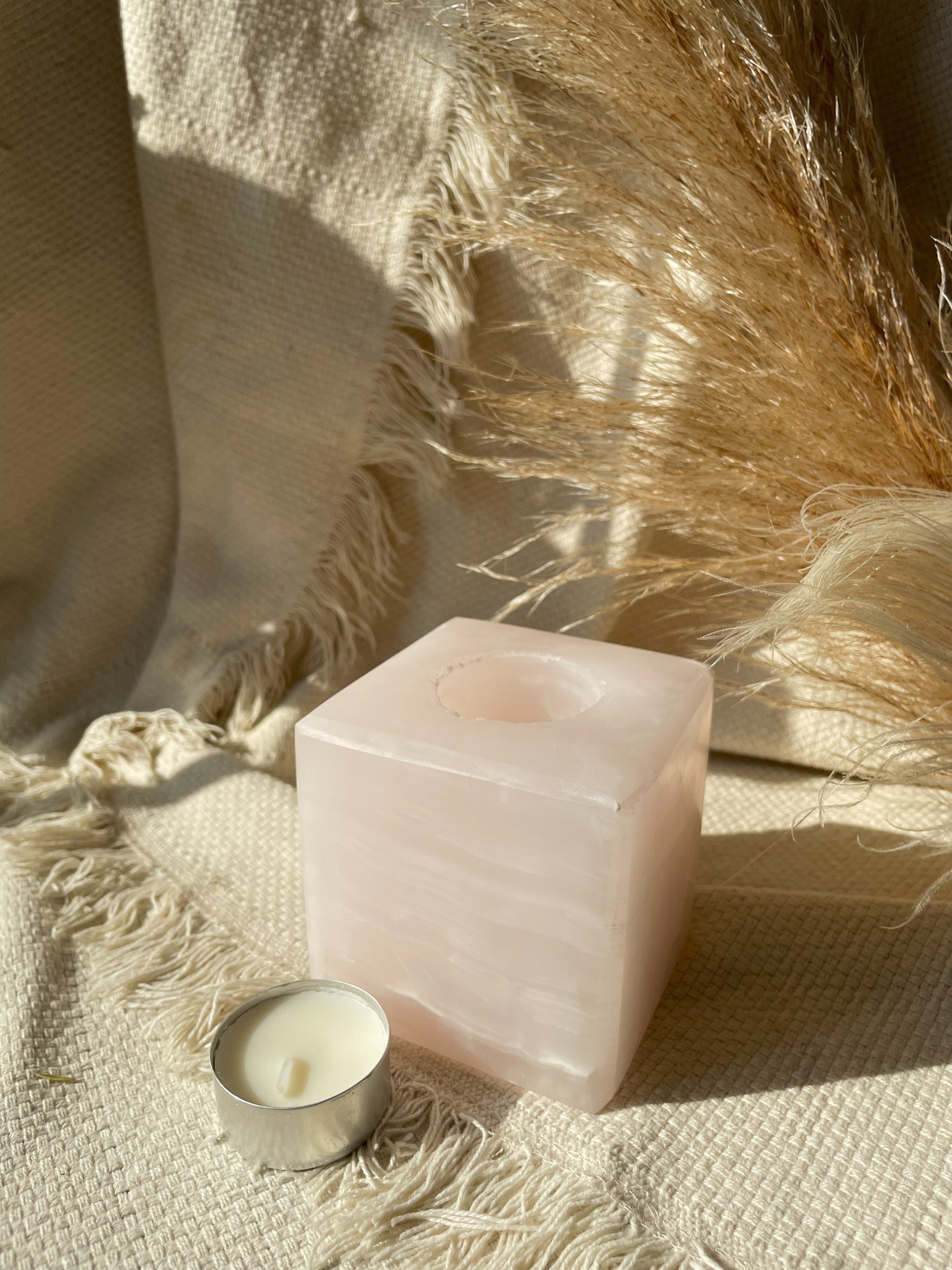 Pink Calcite Candle holder / Lamp - Cube