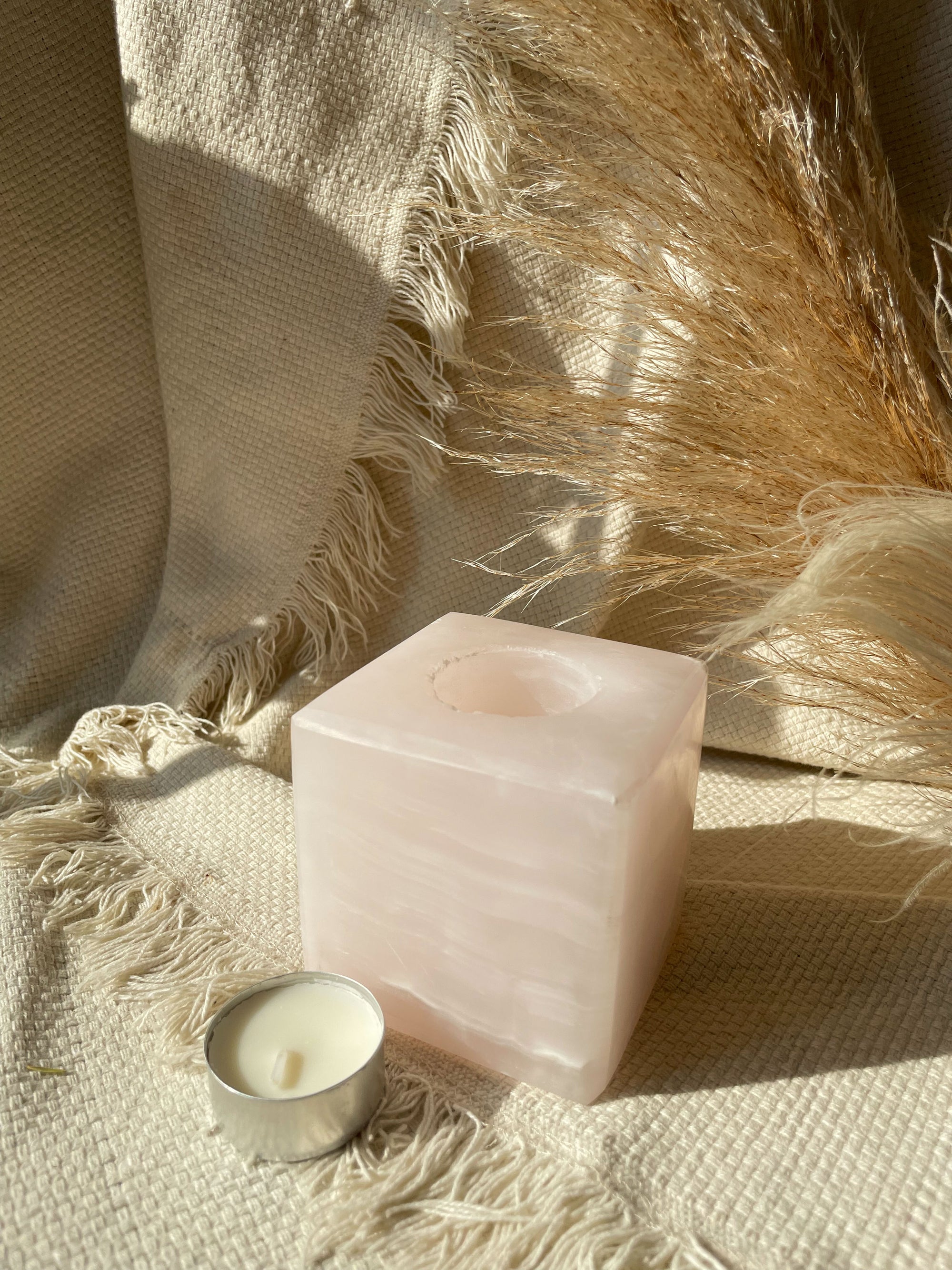 Pink Calcite Candle holder / Lamp - Cube